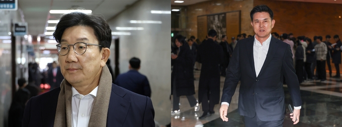 국민의힘 원내대표 선거에 나선 권성동 의원(왼쪽)과 김태호 의원. (사진=연합뉴스)