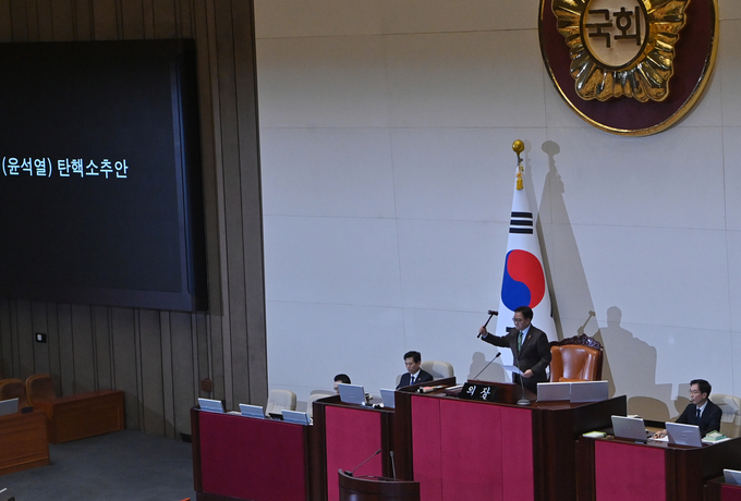 14일 국회 본회의에서 우원식 국회의장이 윤석열 대통령 탄핵소추안 가결을 선포하고 있다. (사진=옥지훈 기자)