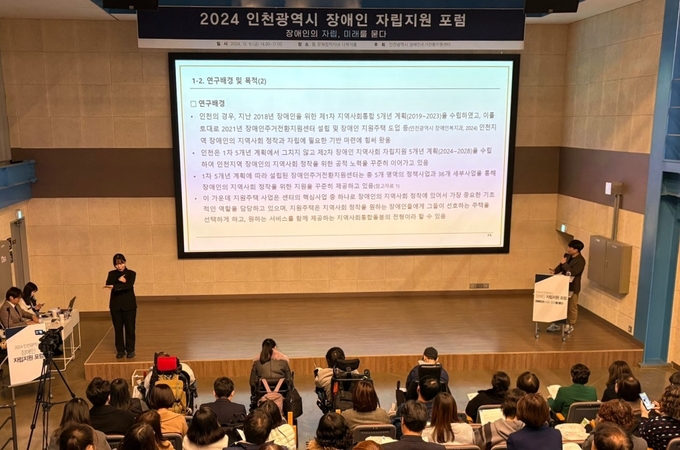 최근 열린 ‘2024 인천시 장애인 자립지원 포럼’에서 이웅 인천시사회서비스원 정책연구실 연구위원이 발표하고 있다. ( 사진 = 인천시사회서비스원 제공 )