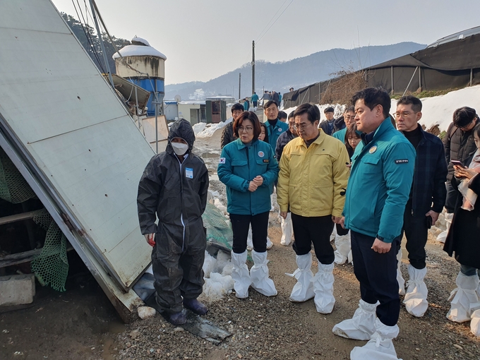 지난 2일 김동연 경기도지사 등이 폭설 피해를 입은 안성시의 한 양계장을 찾아 현장을 살피고 있다. (사진=이근 기자)