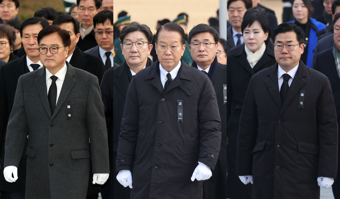 (왼쪽부터) 우원식 국회의장과 권영세 국민의힘 비상대책위원장, 박찬대 더불어민주당 원내대표가 각각 2025년 1월 1일 새해 첫 일정으로 국립서울현충원을 찾았다. (사진=연합뉴스)
