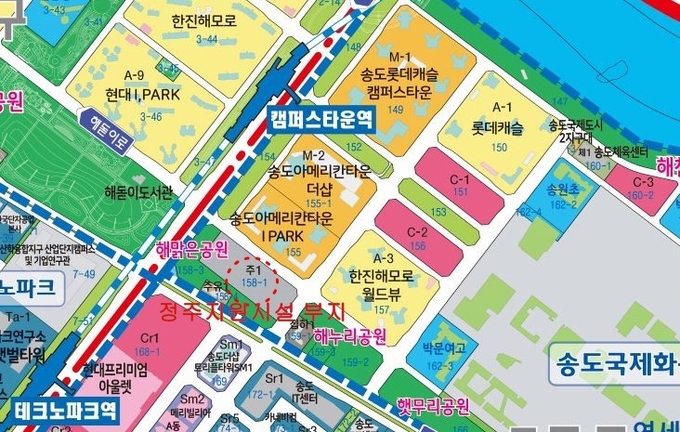 송도 아메리칸타운 1·2단계 입주자들이 요구하는 정주지원시설 부지 위치도. ( 사진 = 인천경제청 제공 )