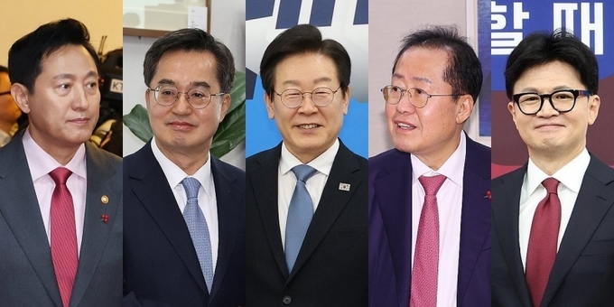(왼쪽부터) 오세훈 서울시장, 김동연 경기도지사, 이재명 더불어민주당 대표, 홍준표 대구시장, 한동훈 전 국민의힘 대표. (사진=연합뉴스)