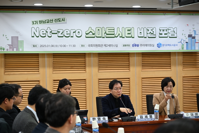 8일 서울 여의도 국회의원회관에서 진행된 ‘하남교산 넷-제로 스마트시티 비전포럼’에서 김세용 경기주택도시공사(GH) 사장이 발언하고 있다. (사진=GH 제공)