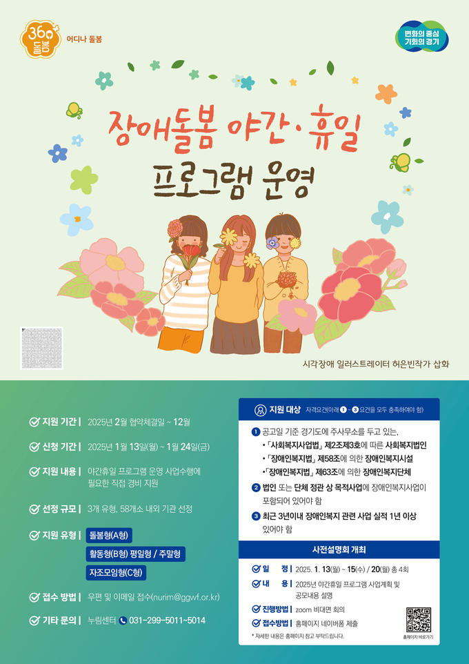 ‘360° 어디나 돌봄 장애돌봄 야간·휴일 프로그램’ 사업 운영기관 모집 포스터. (사진=경기도 제공)