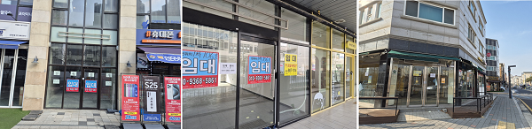 한때 잘 나가던 장기동 먹자골목 상가들의 이제는 임대 현수막으로 넘쳐나고 있다.(사진=천용남기자)