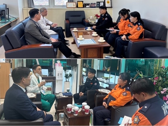 이치복 군포소방서장과 직원들이 원광대병원과 지샘병원을 방문해 응급의료체계를 점검하고 유기적인 협력 방안을 논의하고 있다. (사진=군포소방서 제공)