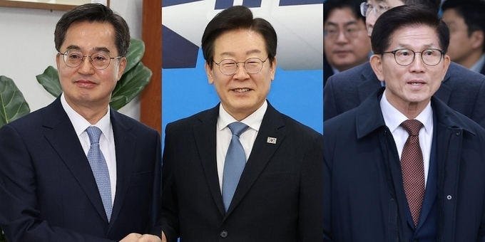 (왼쪽부터) 김동연 경기도지사, 이재명 더불어민주당 대표, 김문수 고용노동부 장관. (사진=연합뉴스)