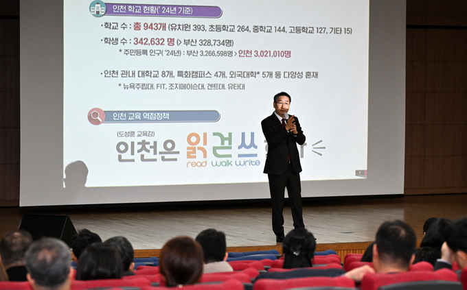 3일 유정복 인천시장이 인천시교육청에서 교육공무원 대상으로 '2025년 시정운영방향'을 주제로 강의를 하고 있다. ( 사진 = 인천시 제공 )