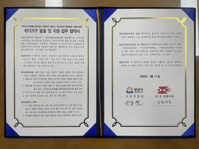 성남시ㆍ경인지방우정청이 위기 가구 발굴·지원에 서면으로 협약했다. (사진=성남시 제공)