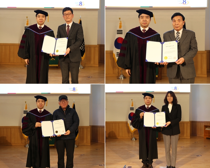 명예졸업증서를 수여받은 유가족 및 동기가 기념 사진을 찍고 있다. (위로부터) 故 곽현정, 故 윤현균, 故 박태순, 故 이해진. (사진=한신대학교 제공)