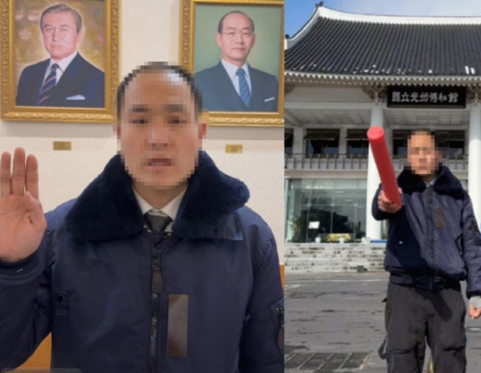 한 중국 남성이 전두환 전 대통령을 모방하며 국립광주박물관 앞에서 틱톡 영상을 촬영했다. (사진=서경덕 성신여자대학교 교수 제공)