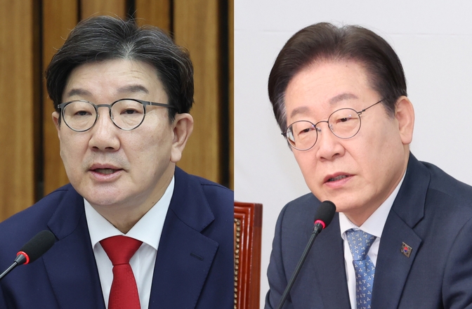 26일 권성동 국민의힘 원내대표(왼쪽)과 이재명 더불어민주당 대표가 각각 국회에서 열린 ‘주주 권익 및 기업가치 제고를 위한 경제 단체 간담회’와 당 최고위원회의에서 발언하고 있다. (사진=연합뉴스)