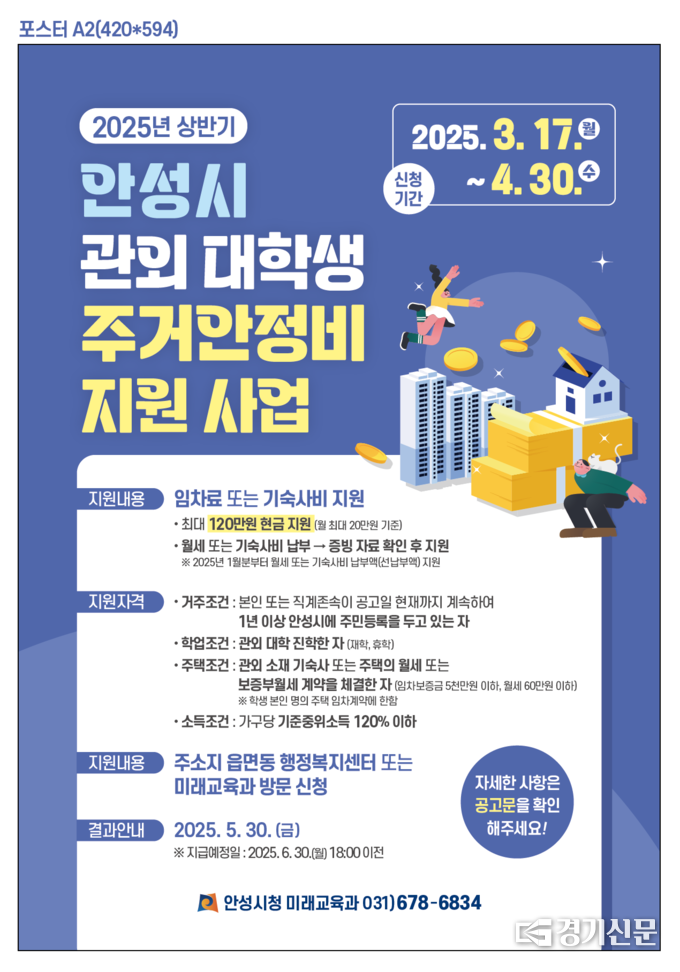  ‘2025년 상반기 안성시 관외 대학생 주거안정비 지원사업’ 홍보물. (사진=안성시 제공)