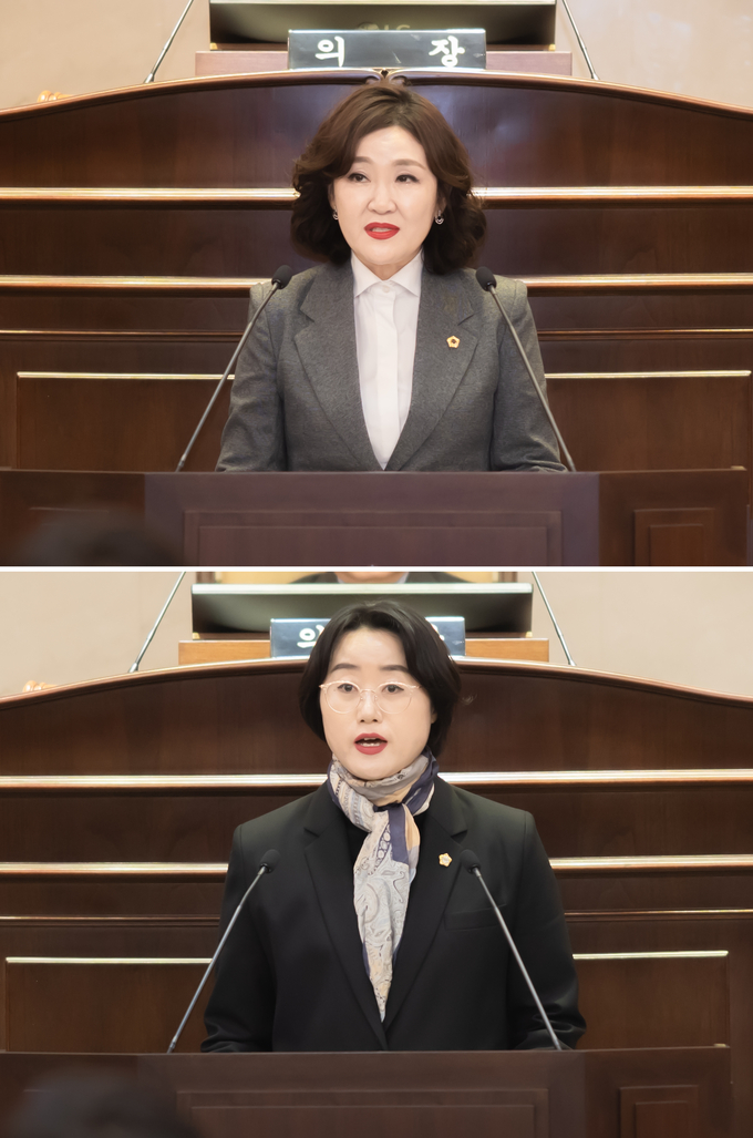  5분 자유발언을 하고 있는 이경숙 복지환경위원장과 (위) 박은경 의원 (아래) (사진=남양주시의회 제공)