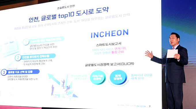 지난해 5월 중구 인스파이어에서 열린 '글로벌 톱텐 시티 인천 투자설명회'에서 유정복 인천시장이 투자유치 설명을 하고 있다. ( 사진 = 인천시 제공 )