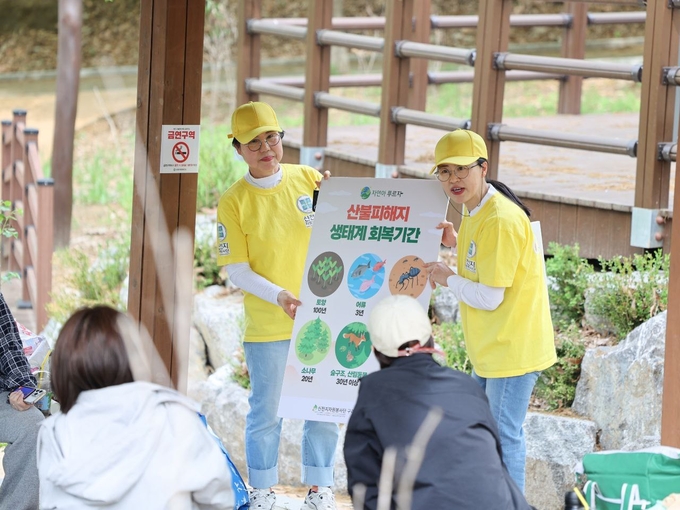 신천지자원봉사단 구리남양주지부 회원들이 황금산 일대에서 산불예방 캠페인을 벌이고 있다. (사진=구리남양주지부 제공)
