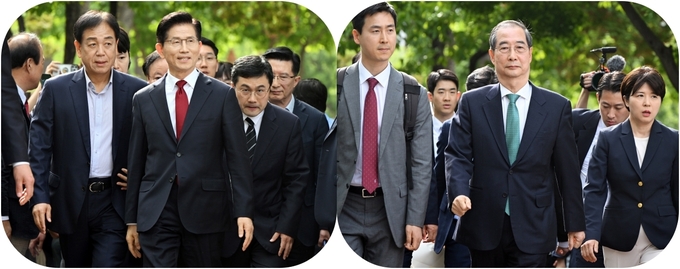 김문수 국민의힘 대선 후보(왼쪽)와 한덕수 무소속 대선 예비후보(오른쪽)가 8일 국회 사랑재 강변서재에서 회동하기 위해 측근들과 걸어오고 있다. (사진=옥지훈 기자)