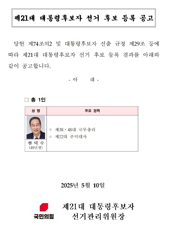 국민의힘은 10일 당 홈페이지를 통해 한덕수 대통령후보자 선거 후보 등록을 공고했다. (당 홈페이지 캡처)