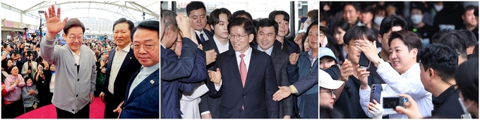 제21대 대통령선거 공식 선거운동 시작을 하루 앞둔 11일 남도문화벨트 골목골목 경청투어에 나선 이재명 더불어민주당 대선 후보(왼쪽부터), 지지자들의 환호를 받으며 국민의힘 당사로 들어서는 김문수 국민의힘 대선 후보, 다이아몬드브릿지 걷기축제에 참가해 시민들과 인사하는 이준석 개혁신당 대선 후보. (사진=연합뉴스)