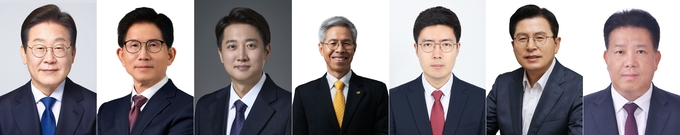왼쪽부터 기호 1번 더불어민주당 이재명 후보, 기호 2번 국민의힘 김문수 후보, 기호 4번 개혁신당 이준석 후보, 기호 5번 민주노동당 권영국 후보, 기호 6번 자유통일당 구주와 후보, 기호 7번 무소속 황교안 후보, 기호 8번 무소속 송진호 후보. (사진=중앙선거관리위원회 제공)