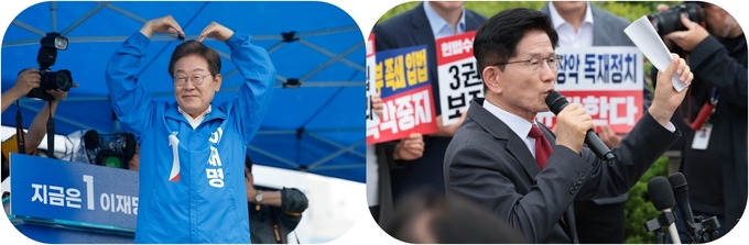 (왼쪽) 이재명 더불어민주당 대선 후보가 15일 전남 여수시 이순신 광장에서 열린 집중 유세에서 연설을 마친 후 시민들에게 하트를 만들고 있다. (오른쪽) 김문수 국민의힘 대선 후보가 15일 서울 서초구 대법원 앞에서 열린 사법부 수호 및 더불어민주당 규탄대회에서 발언하고 있다. (사진=연합뉴스)