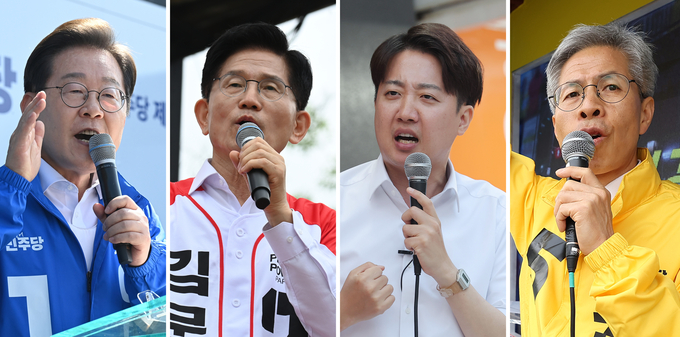 제21대 대통령 선거를 16일 앞둔 시점인 18일 오후 8시 서울 상암동 SBS스튜디오에서 대선 후보자 4명이 처음으로 맞붙었다. 중앙선거관리위원회가 주관하는 이번 TV토론은 (왼쪽부터)이재명 더불어민주당 후보, 김문수 국민의힘 후보, 이준석 개혁신당 후보, 권영국 민주노동당 후보가 경제분야에 대해 논하며 약 2시간 동안 진행됐다. ( 사진=옥지훈 기자·연합뉴스 )