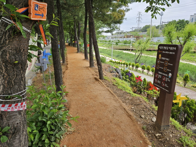시흥천 제방 내 조성된 시흥천 맨발길. (사진=시흥시 제공)