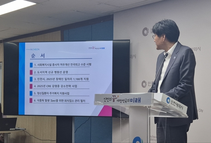 22일 인천시청 브리핑룸에서 열린 보건복지국 기자간담회에서 신병철 시 보건복지국장이 진행 순서를 설명하고 있다. ( 사진 = 유지인 기자 ) 