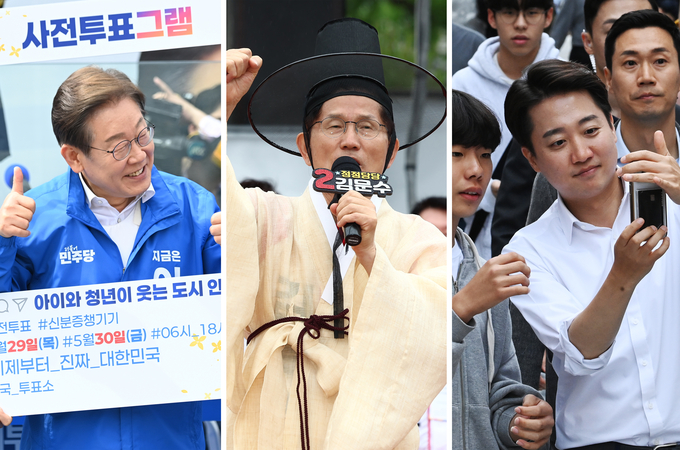 지난 24일 (왼쪽부터)이재명 더불어민주당 대선 후보가 안양시 평촌중앙공원에서 열린 집중유세에서, 김문수 국민의힘 대선 후보는 경북 안동시 웅부공원에서 열린 유세에서 지지를 호소하고 있다. 이준석 개혁신당 대선 후보는 성남시 서현역 일대 먹자골목에서 열린 유세에서 연단에 오르기 전 지지자와 기념촬영을 하고 있다. (사진=옥지훈 기자·연합뉴스)
