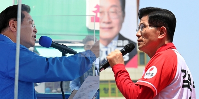 (왼쪽) 이재명 더불어민주당 대선 후보가 26일 수원시 팔달구 영동시장 앞에서 지지를 호소하고 있다. (오른쪽) 김문수 국민의힘 대선 후보가 지난 21일 고양시 화정역 문화광장에서 유세를 하고 있다. (사진=옥지훈 기자)
