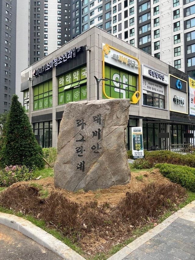 서울의 한 대단지 신축 아파트에 설치된 조경석. (사진=커뮤니티 블라인드 갈무리)