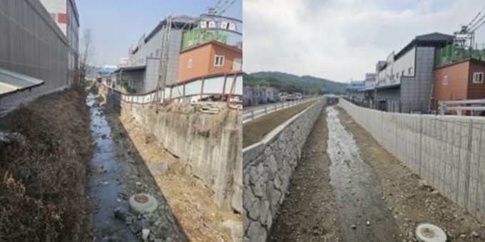경기도가 남양주 용정천에 수해상습지 개선사업을 실시하기 전(왼쪽)과 후(오른쪽). (사진=경기도 제공)