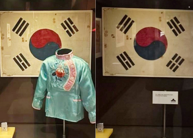 호주 전쟁기념관 내 태극기 앞 중국풍 옷이 '한국 전통 의상'으로 소개돼 있다. (사진=서경덕 성신여자대학교 교수 제공)