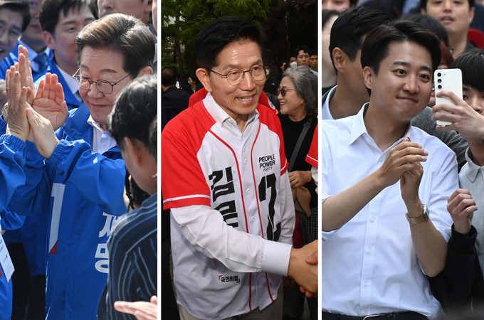 (왼쪽부터) 이재명 더불어민주당·김문수 국민의힘·이준석 개혁신당 대선 후보가 공식 선거운동기간 중 유세 현장에서 지지자들과 만나 소통하고 있다. (사진=옥지훈 기자)