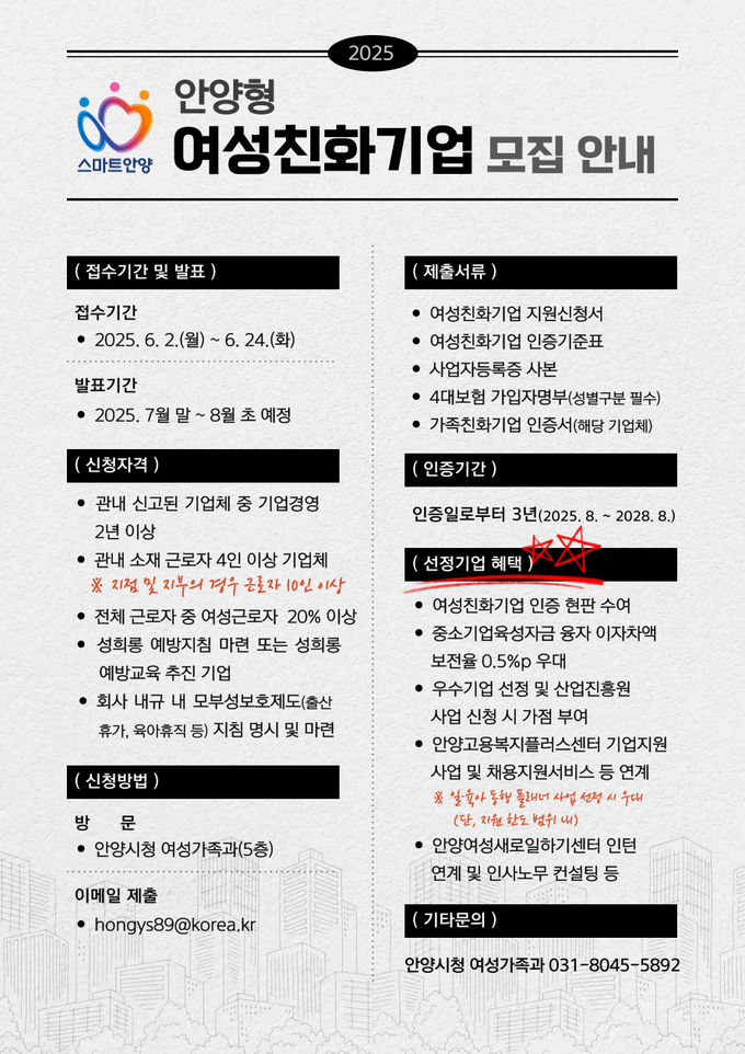 '안양형 여성친화기업' 모집 포스터. (사진=안양시 제공)