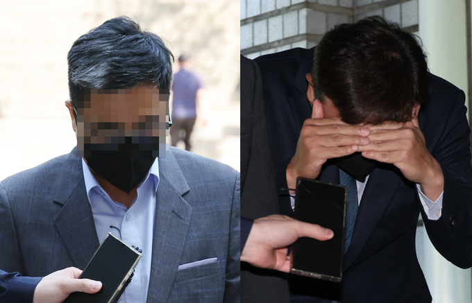 수백억 원대 부당대출 의혹을 받는 IBK기업은행 직원 조 모 씨(왼쪽)와 전 직원 김 모 씨가 11일 영장실질심사를 받기 위해 서울 서초동 서울중앙지법에 출석하고 있다. (사진=연합뉴스)
