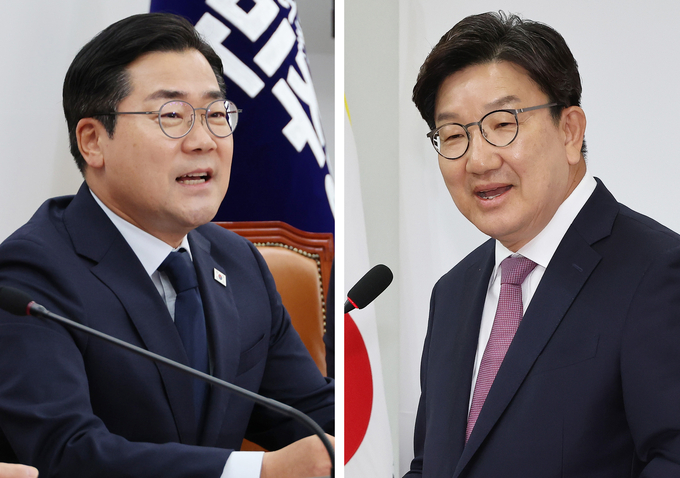 박찬대 더불어민주당 당대표 직무대행 겸 원내대표(왼쪽)와 권성동 국민의힘 원내대표가 12일 국회에서 각각 열린 퇴임 기자회견에서 소회를 밝히고 있다. (사진=연합뉴스)