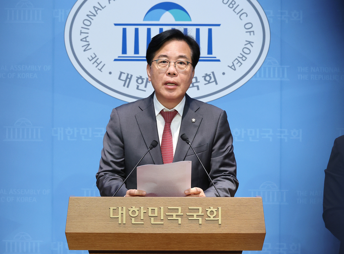 송언석 국민의힘 의원이 지난 12일 국회 소통관에서 원내대표 출마 선언을 하고 있다. (사진=연합뉴스)