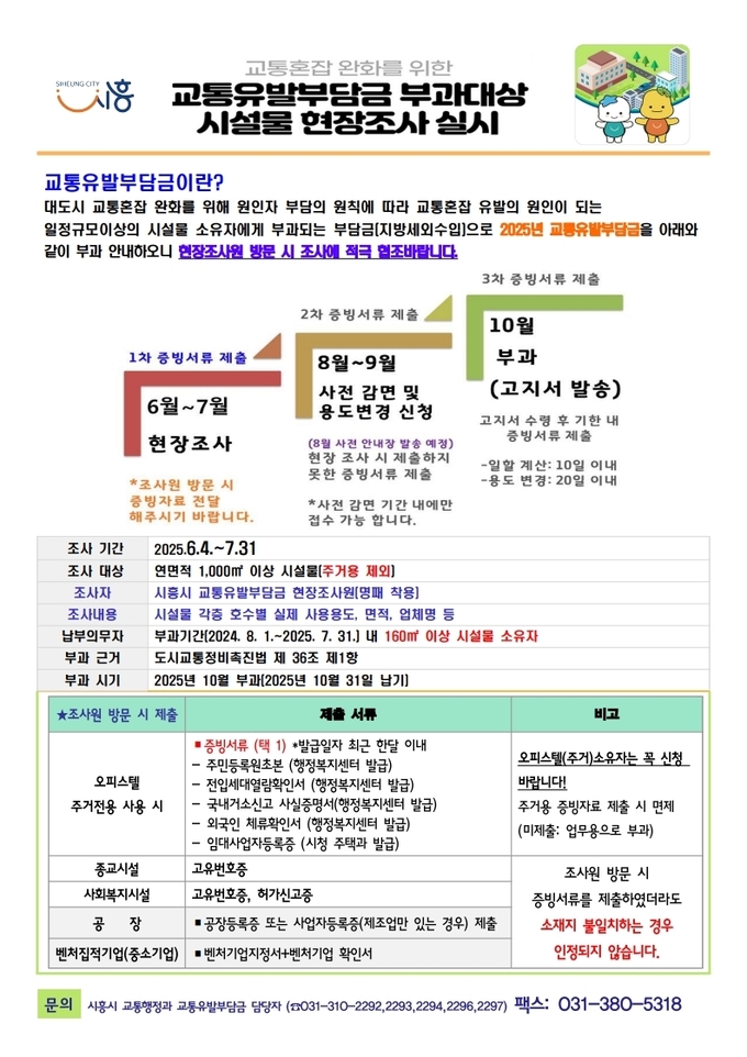 시흥시는다음 달 31일까지 관내 연면적 1,000㎡ 이상 시설물을 대상으로 ‘2025년도 교통유발부담금’ 부과를 위한 현장 조사를 추진한다. (사진=시흥시 제공)