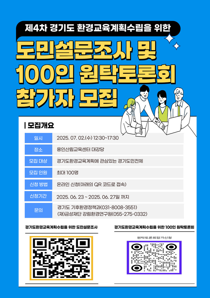 제4차 경기도 환경교육계획 수립을 위한 도민 설문조사 및 100인 원탁토론회 참가자 모집 홍보물. (사진=경기도 제공)