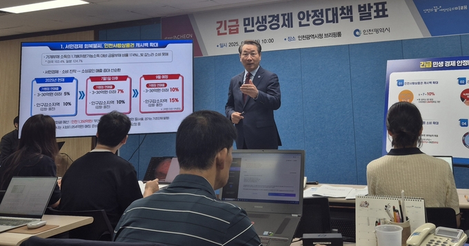 24일 오전 인천시청 브리핑룸에서 유정복 시장이 ‘민생경제 안정대책’을 발표하고 있다. ( 사진 = 유지인 기자 ) 