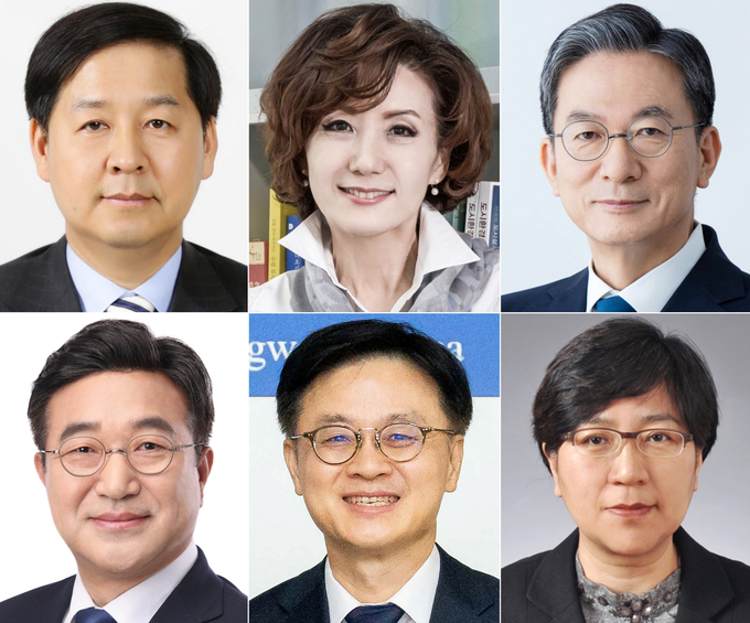 대통령실은 29일 강훈식 대통령비서실장의 브리핑을 통해 이재명 대통령의 장관급 추가 인선을 발표했다. (사진 왼쪽 위부터) 구윤철 기획재정부 장관 후보자, 이진숙 교육부 장관 후보자, 정성호 법무부 장관 후보자, (사진 왼쪽 아래부터) 윤호중 행정안전부 장관 후보자, 김정관 산업통상자원부 장관 후보자, 정은경 보건복지부 장관 후보자. (사진=연합뉴스)