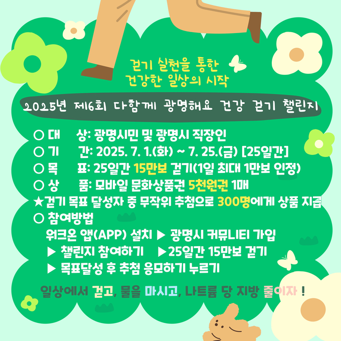 광명시는 시민의 건강한 생활습관 형성과 만성질환 예방을 위해 1일부터 오는 25일까지 ‘2025년 제6회 다함께 광명해요 건강 걷기 챌린지’를 운영 포스터. (사진=광명시 제공)