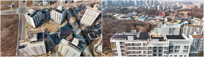 경기주택도시공사(GH)가 평택고덕 경기행복주택 단지(왼쪽)와 하남덕풍 경기행복주택 단지에 설치한 태양광 설비. (사진=GH 제공)