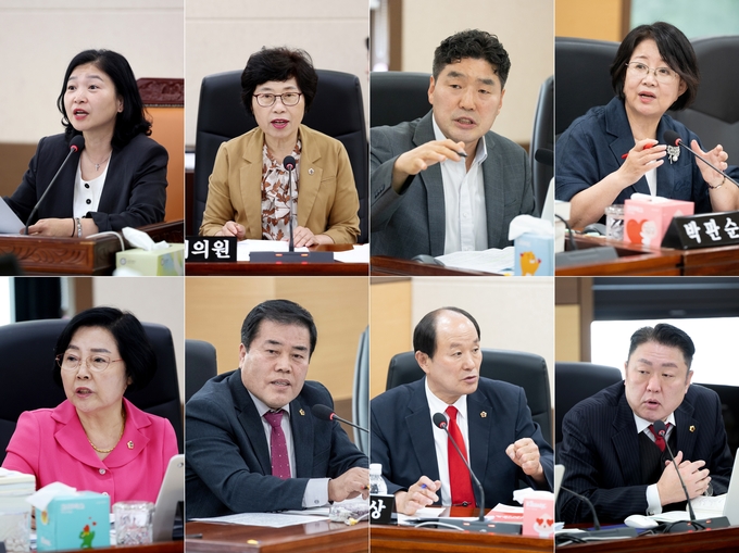 (첫줄 왼쪽부터) 유경희·장성숙·조성환·박판순·이선옥·임관만·윤재상·신충식 의원 모습. ( 사진 = 인천시의회 제공 )
