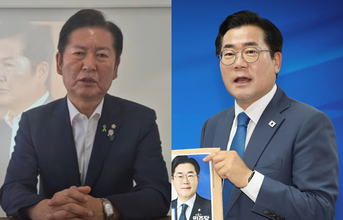 (왼쪽) 10일 더불어민주당 당대표 후보 등록을 마친 정청래 후보가 온라인 국민보고대회를 열고 발언하고 있다. (오른쪽) 같은 날 박찬대 의원이 서울 여의도 중앙당사에 당대표 후보를 등록하러 이동하고 있다. (사진=유튜브 ‘정청래 TV떴다!’ 캡쳐, 연합뉴스)