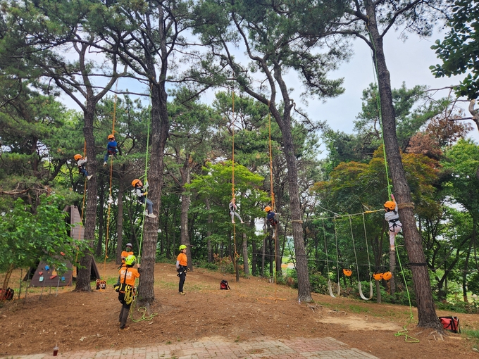 안성 죽화초등학교 숲놀이터에서 나무와 밧줄을 활용한 숲밧줄놀이와 트리클라이밍(Tree Climbing) 활동이 진행되고 있다. (사진=죽화초등학교 제공)