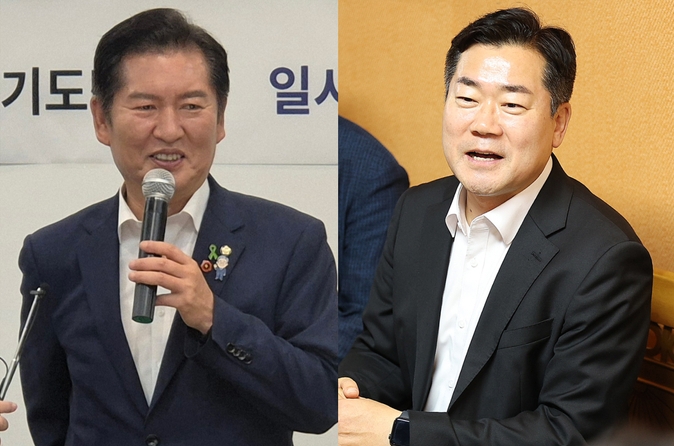 (왼쪽 사진) 정청래 더불어민주당 당대표 후보가 14일 서울 여의도 한 중식당에서 열린 ‘경기도 민주당 국회의원·원외위원장 정책간담회’에 참석해 인사하고 있다. (오른쪽 사진) 박찬대 민주당 당대표 후보가 대구 중구 한 식당에서 열린 민주당 대구 당원 간담회에 참석해 있다. (사진=김한별 기자, 연합뉴스)