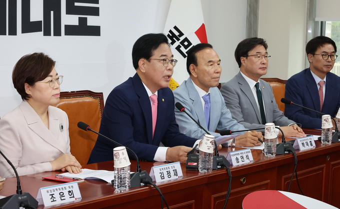 송언석 국민의힘 비상대책위원장 겸 원내대표(왼쪽 두번째)가 14일 국회에서 열린 비상대책위원회의에서 발언하고 있다. (사진=연합뉴스)